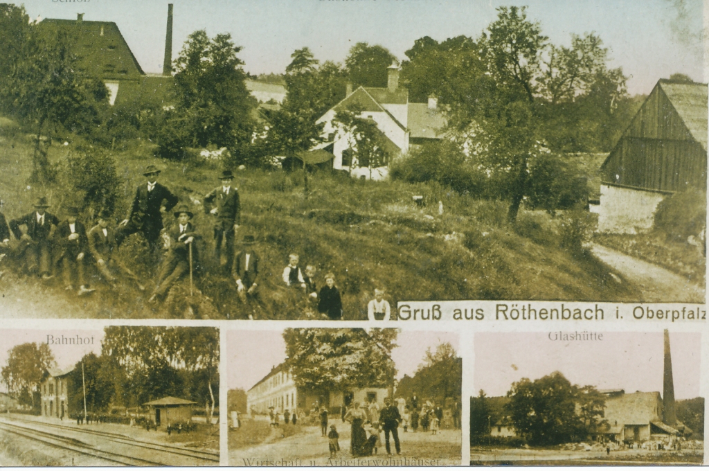 Postkarte aus Röthenbach, (Kaiserzeit), Gut (links, mit Walmdach das Hammerschloss, recht davon Schornstein, der Branntweinbrennerei, Brauerei, Landwirtschaftsgebäude), Bahnhof, Arbeiterhäuser und Glashütte